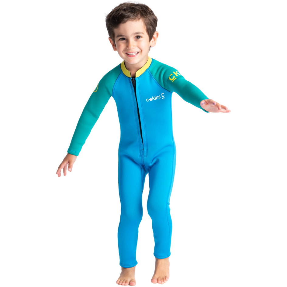 2025 C-Skins Junior C-KID 3/2mm Front Zip Våddragt C-BA32ST - Cyan / Green / Aurora Yellow